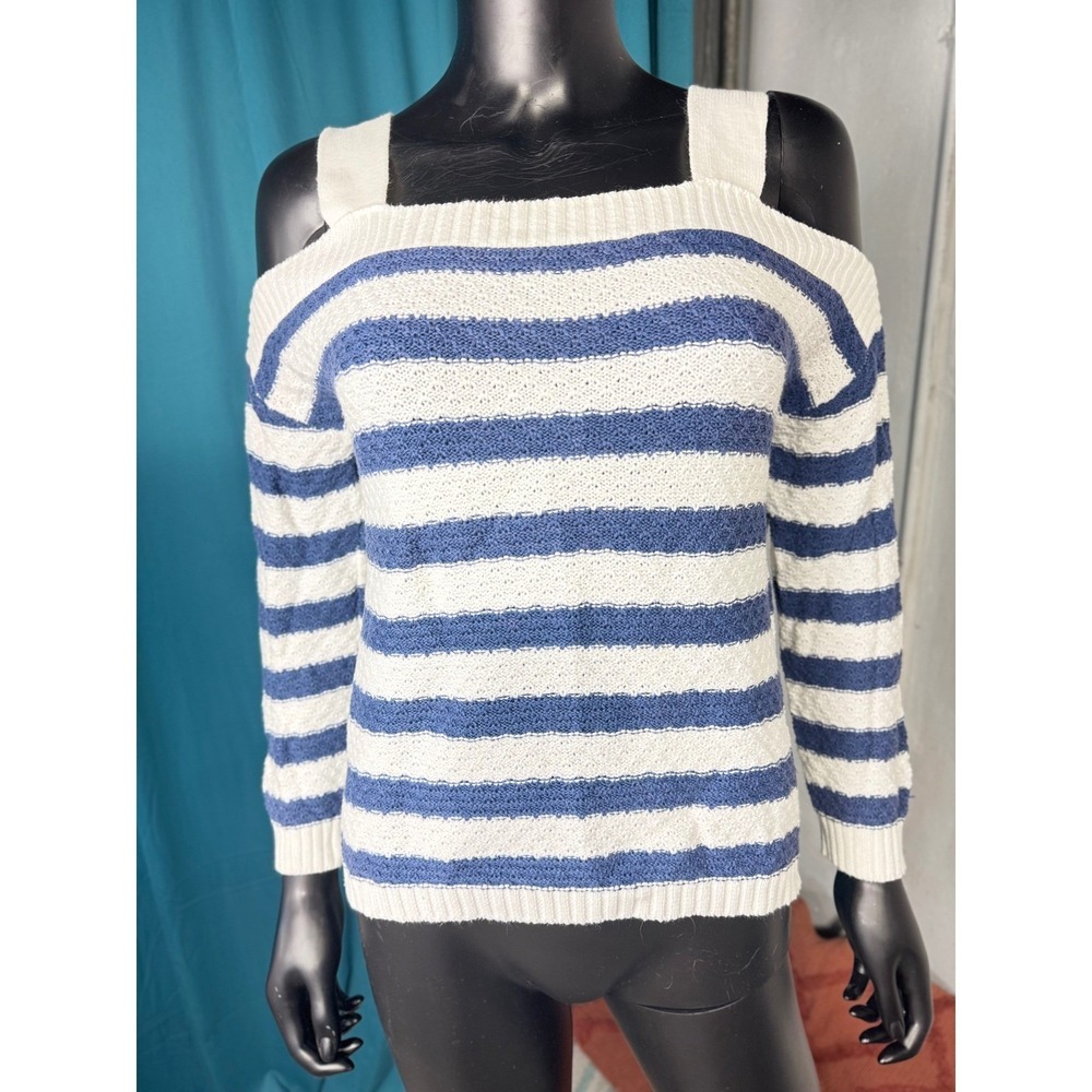 So Striped Knit Sweater Cold Shoulder Long Sleeve Pullover Top‎ M